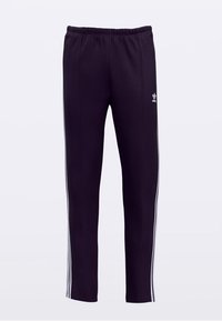 Crne sportske hlače s elastičnim pojasom, s tri bijele bočne pruge i malim bijelim logotipom na lijevom bedrima.