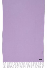 Écharpe lavande en tissu doux, avec une texture lisse et des bords frangés. Comprend une petite étiquette de marque sur un côté.