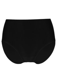 Black high-waisted brief made of smooth fabric, featuring a seamless design and full coverage, suitable for comfort and everyday wear.