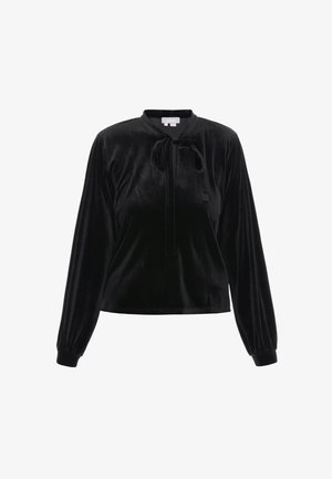 Schwarze Samtbluse mit langen Ärmeln, Rundhalsausschnitt und einer vorderen Schleife. Sie hat eine weiche Textur und eine lockere Passform.