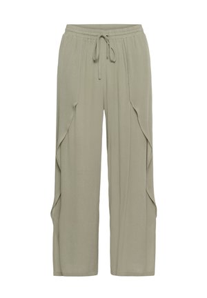 Pantalon ample couleur olive clair avec taille élastique, cordon de serrage et détails à volants superposés le long des jambes extérieures.