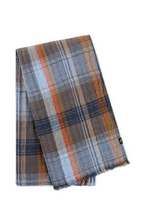 Folded wool scarf with blue, brown, orange, and beige plaid pattern and small black fabric tag on white background.