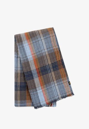 Folded wool scarf with blue, brown, orange, and beige plaid pattern and small black fabric tag on white background.