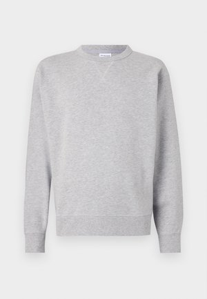 Felpa grigia realizzata in morbido tessuto, con scollatura a girocollo, maniche lunghe, polsini a costine e orlo dritto. Nessun motivo o grafica visibile.