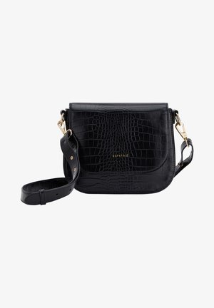 Sac bandoulière en cuir synthétique noir effet crocodile avec ferrures dorées, sangle réglable, fermeture à rabat et logo "EXPATRIÉ" sur le devant.