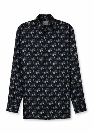 Schwarzes Hemd mit einem wirbelnden Wellenmuster in hellblau. Lange Ärmel, optischer Knopfverschluss mit einem klassischen Kragen und schwarzen Knöpfen.