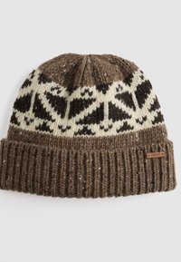 Brown knitted beanie with a cream geometric pattern. Features a textured ribbed cuff and a small leather logo tag. Soft wool-like material.