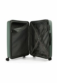 Grüner Hartschalenkoffer mit strukturierten Oberflächen, elastischen Innenschlaufen und einem Reißverschlussfach; verfügt über vier Spinner-Rollen für Mobilität.