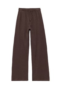 Bruine wijde broek gemaakt van textiel met textuur, voorzien van een elastische tailleband met trekkoord voor een verstelbare pasvorm en een losse snit.