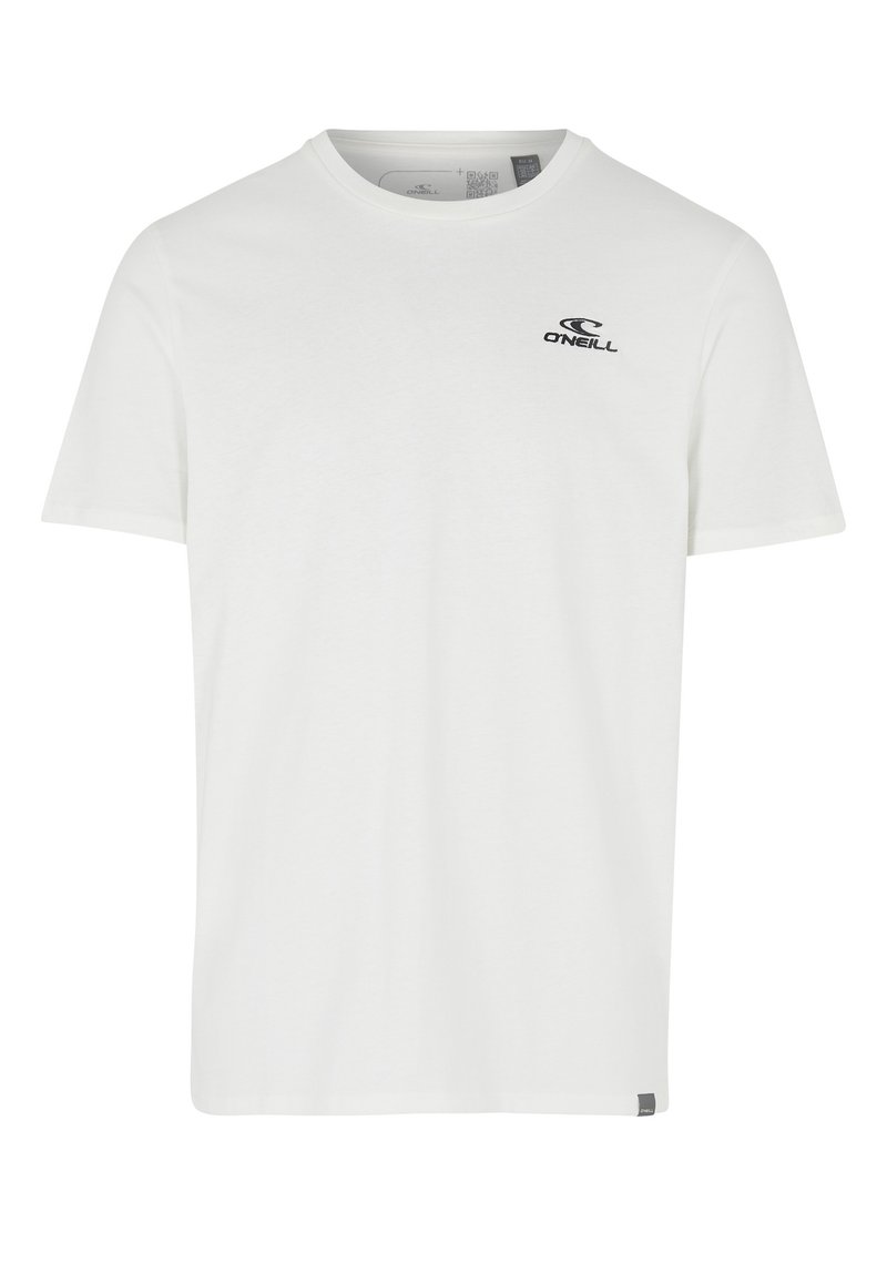 Camiseta de algodón blanca con cuello redondo, mangas cortas y un pequeño logo negro de O'Neill en el lado izquierdo del pecho. Dobladillo recto con etiqueta en la parte inferior.