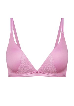Roze triangle bralette met een kanten paneel aan de linkerkant, dunne verstelbare bandjes en een delicate strikdetail in het midden.