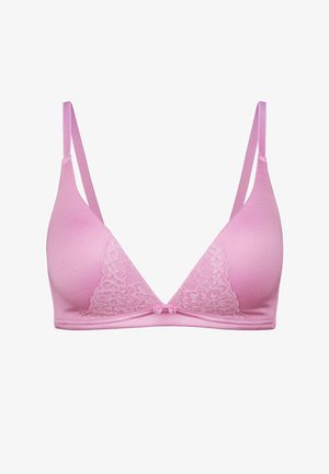 Pink triangle bralette featuring a lace panel on the left side, thin adjustable straps, and a delicate center bow detail.