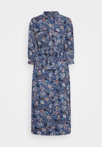 Květinové midi šaty v námořnické modři, s dlouhými rukávy, límečkem, dvěma náprsními kapsami a páskem v pase pro definici siluety.