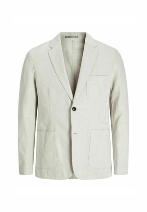 Vaalea harmaa pellavapuku, jossa on rakenteellinen muotoilu, kaarevat läpät, kaksi etutaskua, yksinkertainen nappikiinnitys ja minimaalinen yksityiskohtaus.