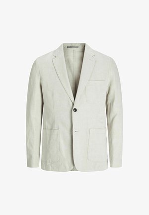 Világosszürke vászon blézer strukturált dizájnnal, kivágott hajtókával, két elülső zsebbel, egysoros gombbal és minimális díszítéssel.