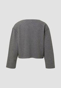 Gekürzter grauer Sweatshirt mit Rundhalsausschnitt und weiten Ärmeln. Hergestellt aus weichem Stoff, mit glatter Textur und ohne sichtbare Muster.