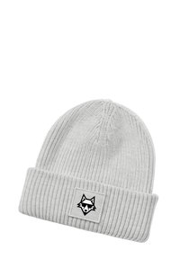 Gray knitted beanie with a ribbed texture, featuring a foldable cuff and a white patch displaying a black fox logo.