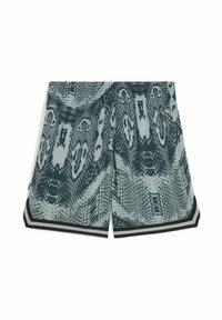 Green patterned shorts with snake-like texture, featuring a contrasting black trim at the hem and a subtle brand logo on the side.