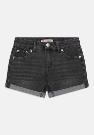 Sorte denim shorts med opkørt kant i girlfriend-stil med forreste knap, bæltestropper og fem-lomme design.