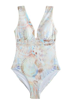 Viengabala peldkostīms ar dziļu V-veida kakla izgriezumu, ar mīkstu pasteles gliemežvāku rakstu zilā, bēšā un gaiši brūnā toņos.