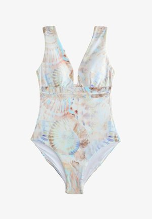 Einteiliger Badeanzug mit tiefem V-Ausschnitt, versehen mit einem sanften pastellfarbenen Muschelmuster in Blau-, Beige- und Hellbrauntönen.