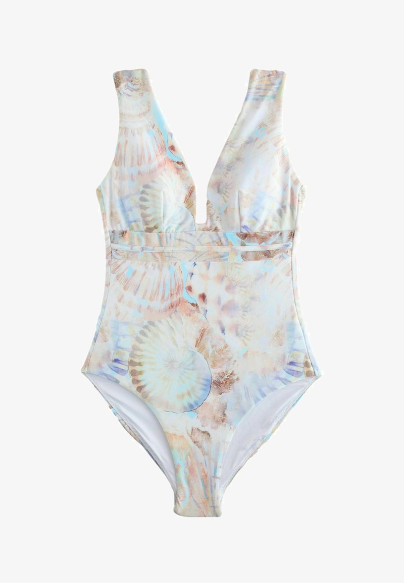 Maillot de bain une pièce avec un décolleté en V profond, présentant un motif doux de coquillages pastel en tons bleus, beige et marron clair.