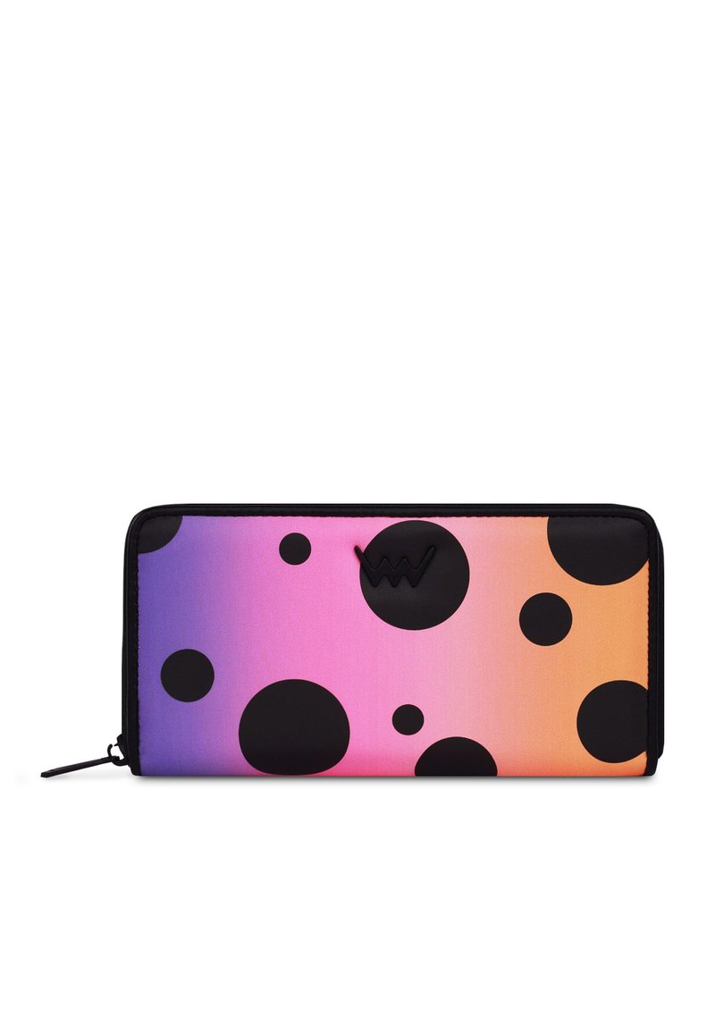 Long rectangular wallet with gradient background from purple to orange, decorated with large and small black polka dots and a zipper closure.