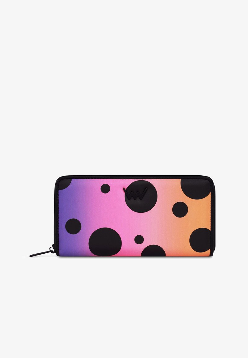 Long rectangular wallet with gradient background from purple to orange, decorated with large and small black polka dots and a zipper closure.
