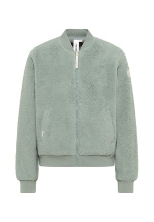 Helle grüne, flauschige Fleece-Bomberjacke mit einem Reißverschluss auf der Vorderseite, gerippten Bündchen und zwei Seitentaschen. Verfügt über einen runden Kragen und ein Logodetail.