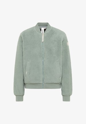 Helle grüne, flauschige Fleece-Bomberjacke mit einem Reißverschluss auf der Vorderseite, gerippten Bündchen und zwei Seitentaschen. Verfügt über einen runden Kragen und ein Logodetail.