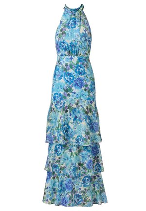 Robe maxi sans manches à col halter avec jupe à volants, motif floral bleu et vert sur fond clair.