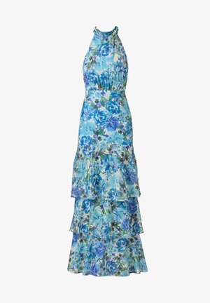 Robe maxi sans manches à col halter avec jupe à volants, motif floral bleu et vert sur fond clair.
