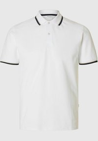 Chemise polo blanche avec des finitions noires au col et aux manches. Dispose d'une patte de boutonnage à deux boutons et d'une texture douce en mélange de coton.