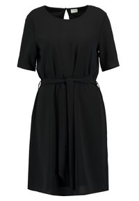Schwarzes, kurzärmliges Kleid mit Rundhalsausschnitt und Schlüssellochdetails im Rücken. Inklusive einem passenden Stoffgürtel für eine taillierte Silhouette.