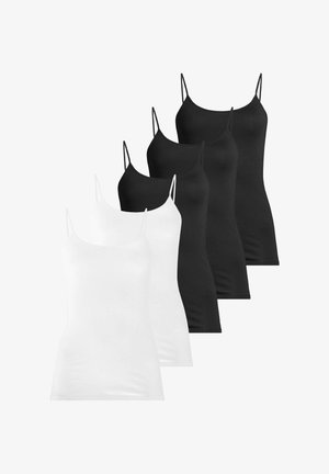 Cinque canottiere slim fit con spalline sottili, tre nere e due bianche, disposte in fila sfalsata su sfondo bianco.