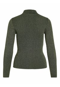 Suéter de canalé verde oscuro con cuello alto, mangas largas y una silueta ajustada. Hecho de una tela texturizada y ligeramente brillante.
