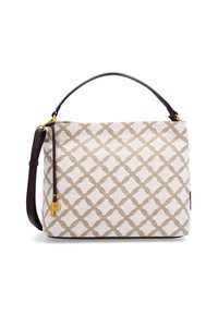 Beige en witte handtas met een gestructureerde vorm, een bruine leren schouderband, gouden hardware en een opvallende "P" accent.