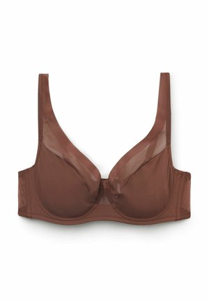 Brązowy biustonosz z fiszbinami, z siateczkowymi panelami na miseczkach i ramiączkach, z szerokimi bokami i gładkim wykończeniem.