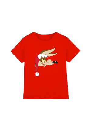 Red short-sleeve T-shirt with a cartoon coyote wearing a red and white Santa hat printed in the center front.
