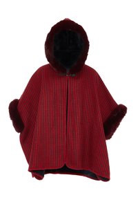 Rød og sort houndstooth poncho med en kunst pels hætte og manchetter, udstyret med lynlås og glat inderside. Behageligt og varmt design.