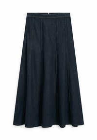 Mörk denim A-linjeformad kjol med en utfläkt form, synliga sömnadsdetaljer och hög midja, med lång längd och slät textur.