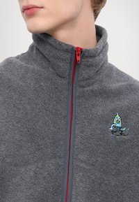 Gray fleece jacket with a high collar, red zipper, and a blue cartoon character embroidered on the chest. Soft texture, casual design.