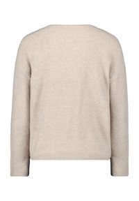 Beiger Strickpullover mit langen Ärmeln, ausgestattet mit einem strukturierten, Wabenmuster und einem weiten, rundem Ausschnitt. Rückansicht dargestellt.