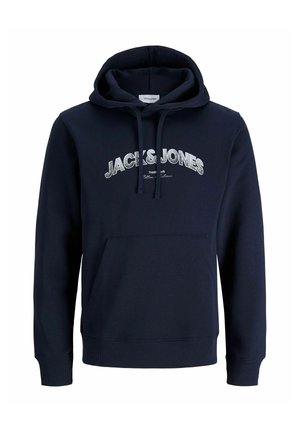 Marineblå hættetrøje med frontlomme, snoretræk i hætten og "JACK & JONES" logo trykt i store hvide bogstaver på brystet.