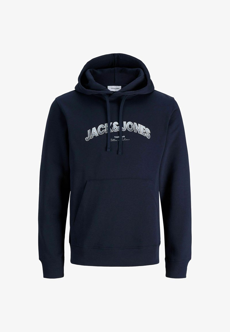 Sweat à capuche bleu marine avec poche avant, capuche à cordon de serrage, et logo "JACK & JONES" imprimé en grandes lettres blanches sur la poitrine.
