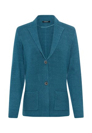 Türkisfarbener Cardigan mit gerippter Textur, eingeschnittenem Kragen, zwei Vorder Taschen und zwei dunklen Knöpfen in der Mitte. Lange Ärmel, offenes Frontdesign.