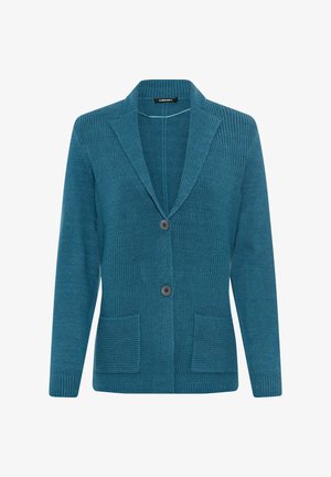 Türkisfarbener Cardigan mit gerippter Textur, eingeschnittenem Kragen, zwei Vorder Taschen und zwei dunklen Knöpfen in der Mitte. Lange Ärmel, offenes Frontdesign.