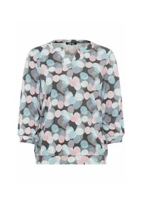 Grijze pullover met een V-hals en 3/4 mouwen. Heeft een patroon van grote, overlappende cirkels in lichtblauw en roze. Zachte stoftextuur.