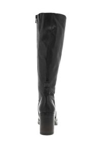 Bottes noires en cuir montantes avec une fermeture éclair et une boucle décorative. Présentent un talon épais et une texture lisse.