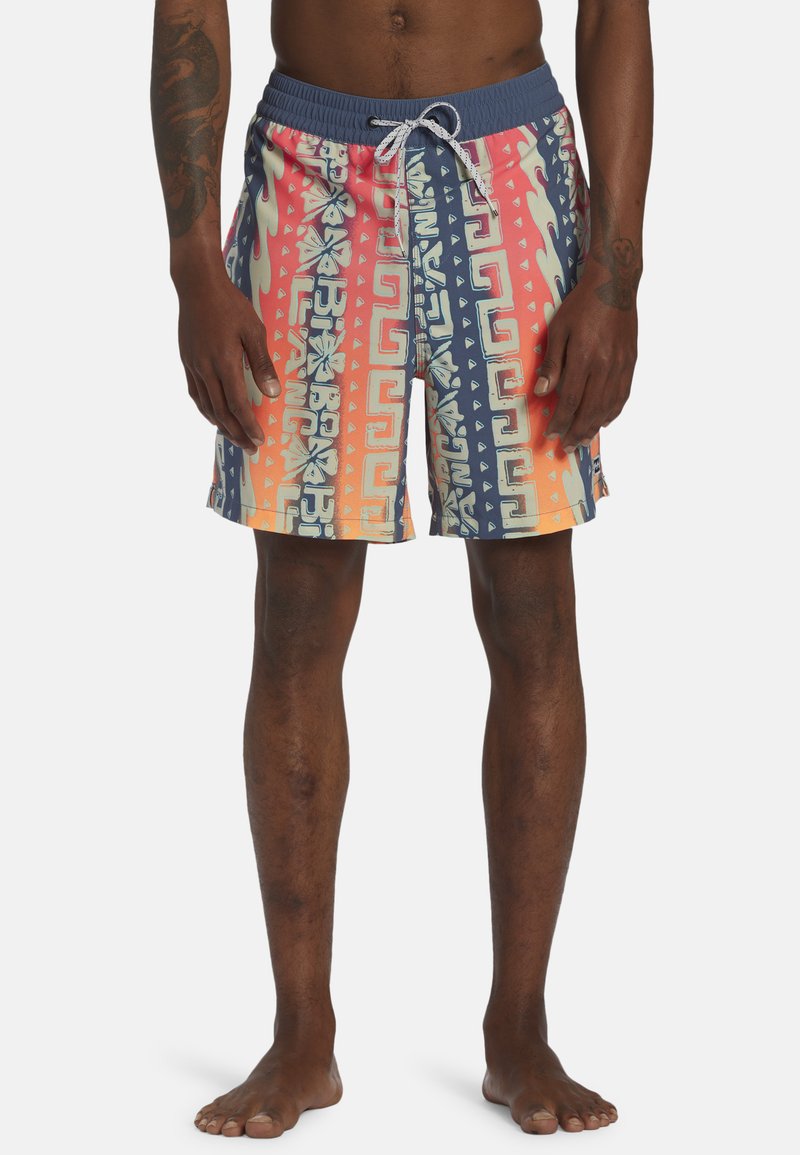 Costumi da bagno con un motivo multicolore in arancione, blu e crema, dotati di una cintura elastica con cordoncino e tasche laterali.